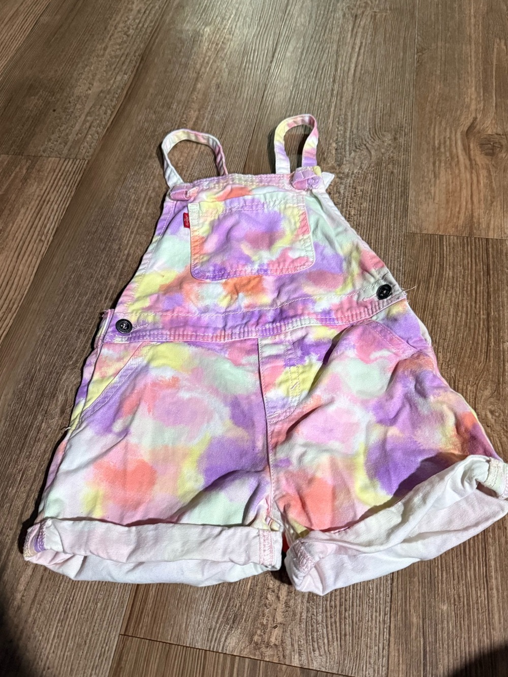 Levi's Pastel Tie-Dye Short Overalls in Pink, Purple, Yellow, Orange